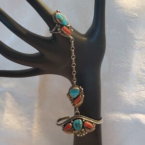 Sterling Silver Turquoise & Coral Slave Bracelet Signed